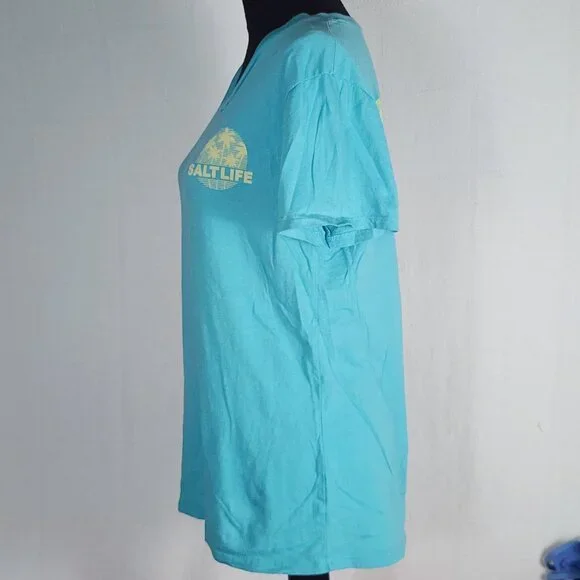 Salt Life Live Salty Pastel Green Yellow Cotton Cap Sleeve Palm Promenade Tee M - Picture 8 of 16